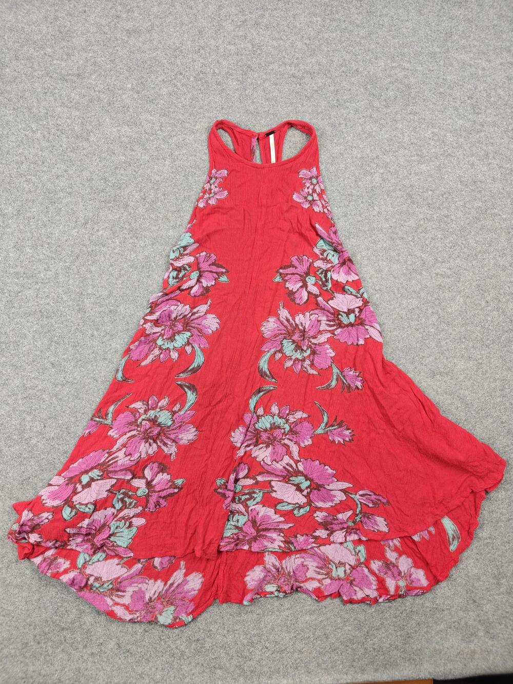 Free People Dress Womens XS Red Floral Sundress Tank Lace Up Tassel Boho